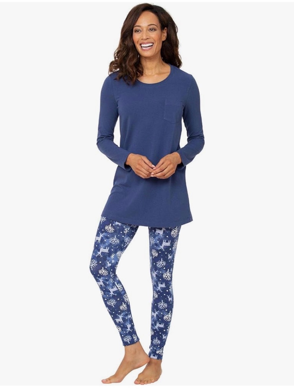 Long-sleeve pajama tunic and matching reindeer/snowflake-print legging
